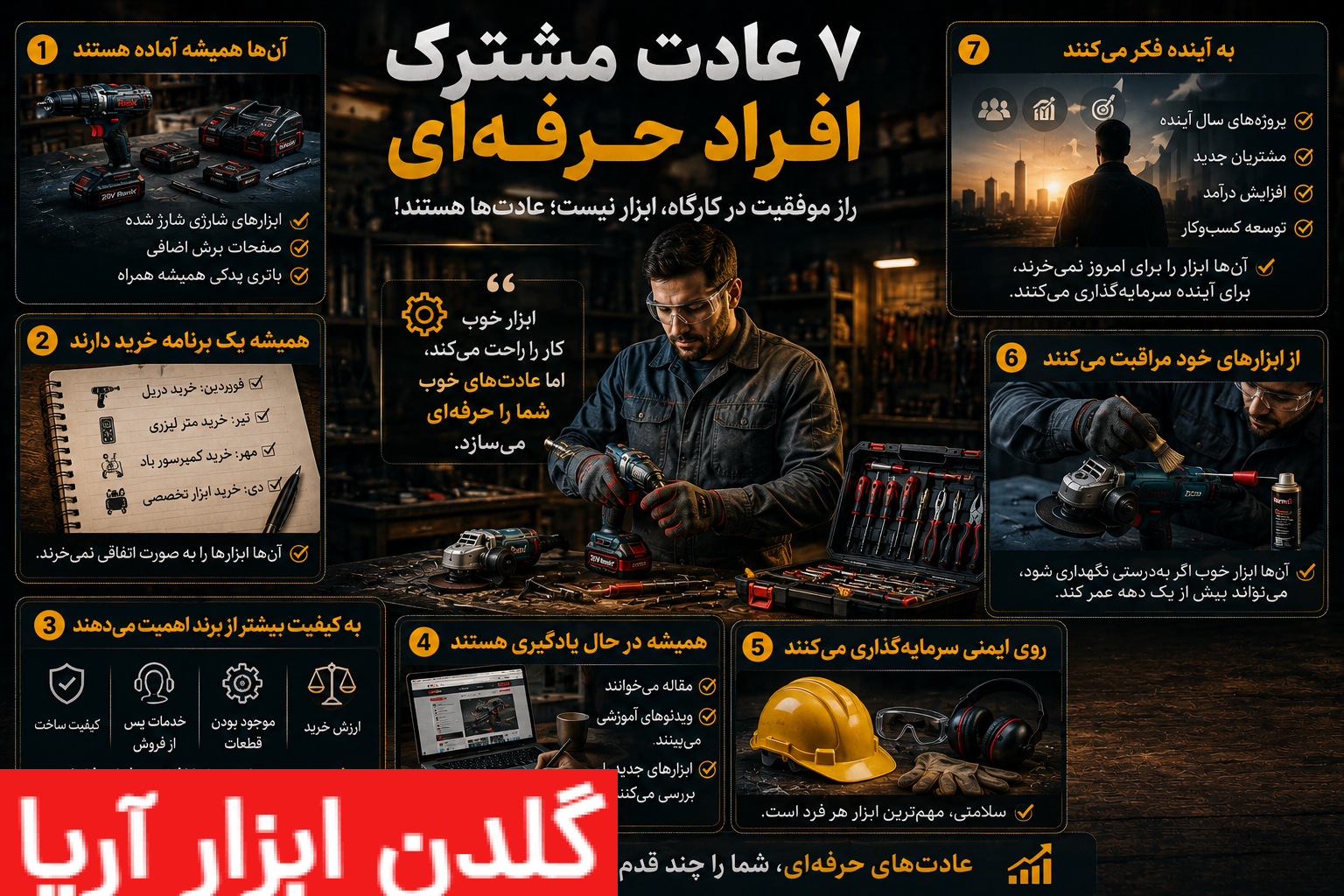 اینفوگرافیک ۷ عادت مشترک افراد حرفهای شامل آمادگی، یادگیری مستمر، رعایت ایمنی، نگهداری ابزار و برنامهریزی برای آینده در یک کارگاه صنعتی.