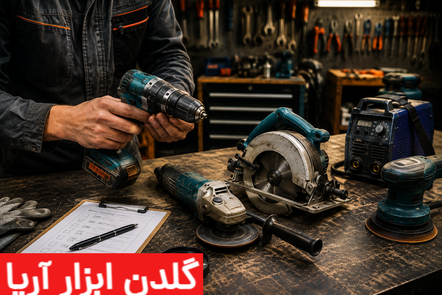 مجموعهای از ابزارهای برقی و صنعتی روی میز کار شامل مینی فرز، اره گردبر، اینورتر جوشکاری و کمپرسور باد