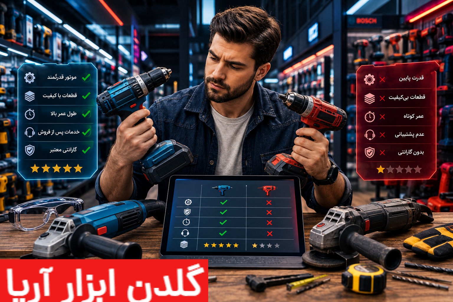 مقایسه دریل شارژی حرفهای و اقتصادی توسط خریدار در فروشگاه ابزار برای انتخاب بهترین ابزار برقی