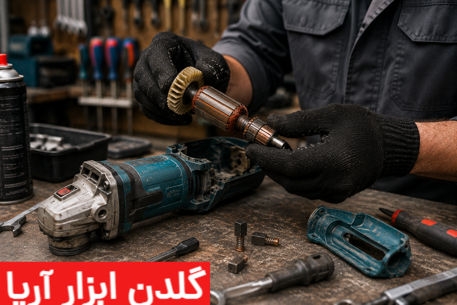 تعمیرکار در حال بررسی آرمیچر و قطعات داخلی مینی فرز برای افزایش عمر ابزار برقی صنعتی